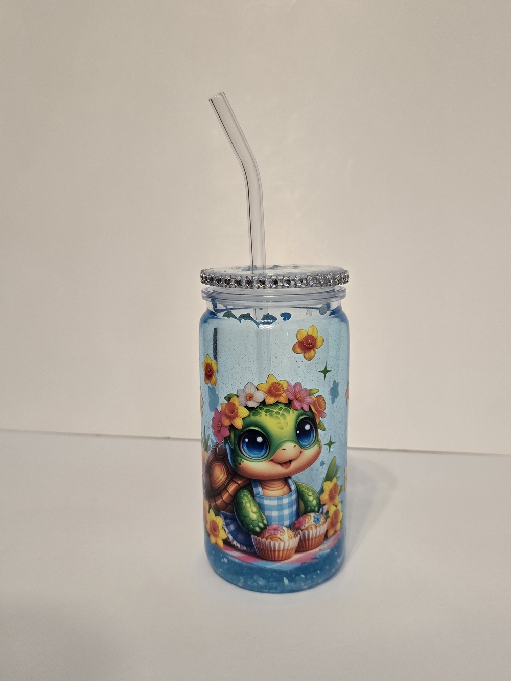 Snowglobe Blue Turtle Print Party Tumbler with Jeweled Lid and Straw